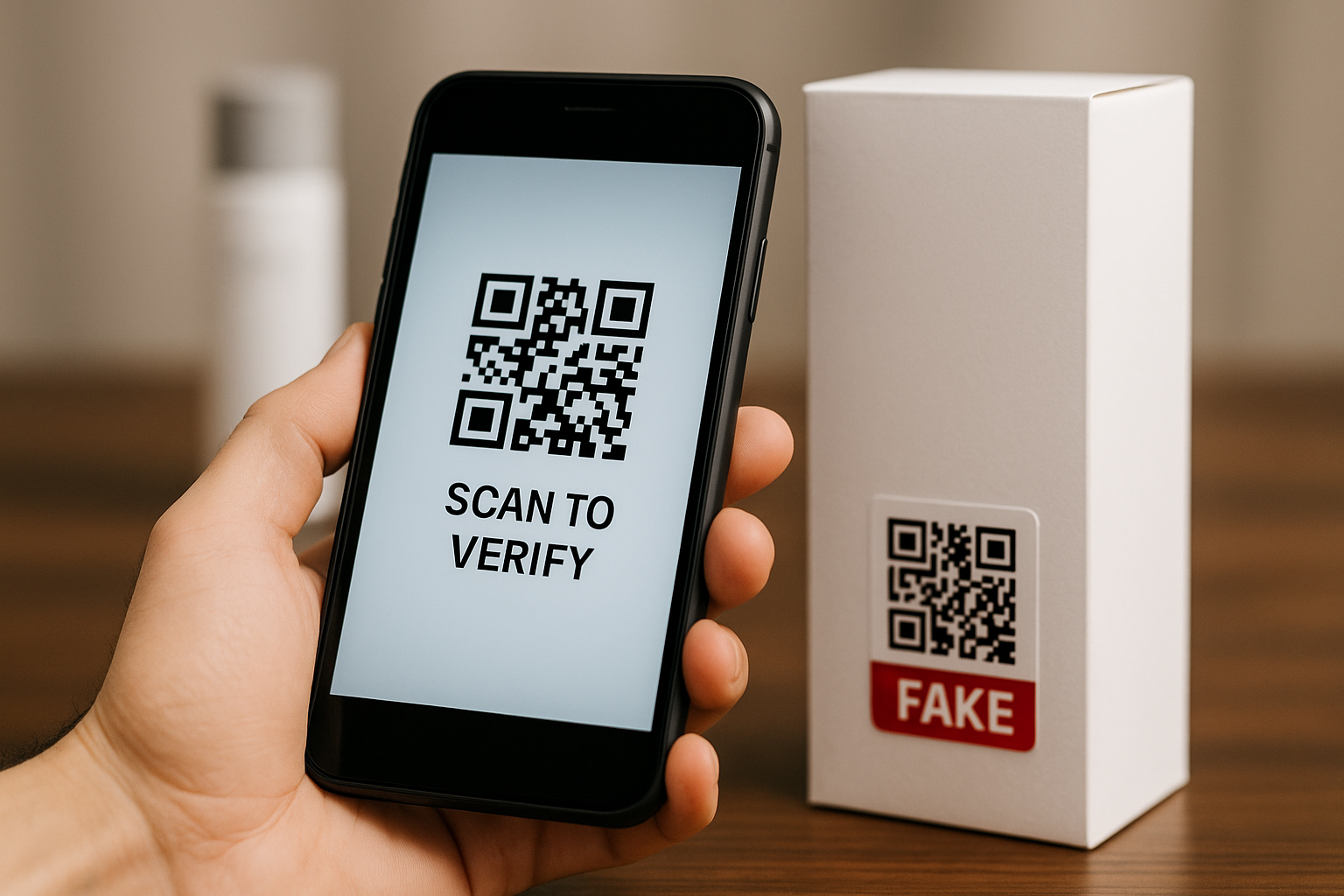 A customer scanning a counterfeit product and seeing a red FAKE warning after scanning the QR code.