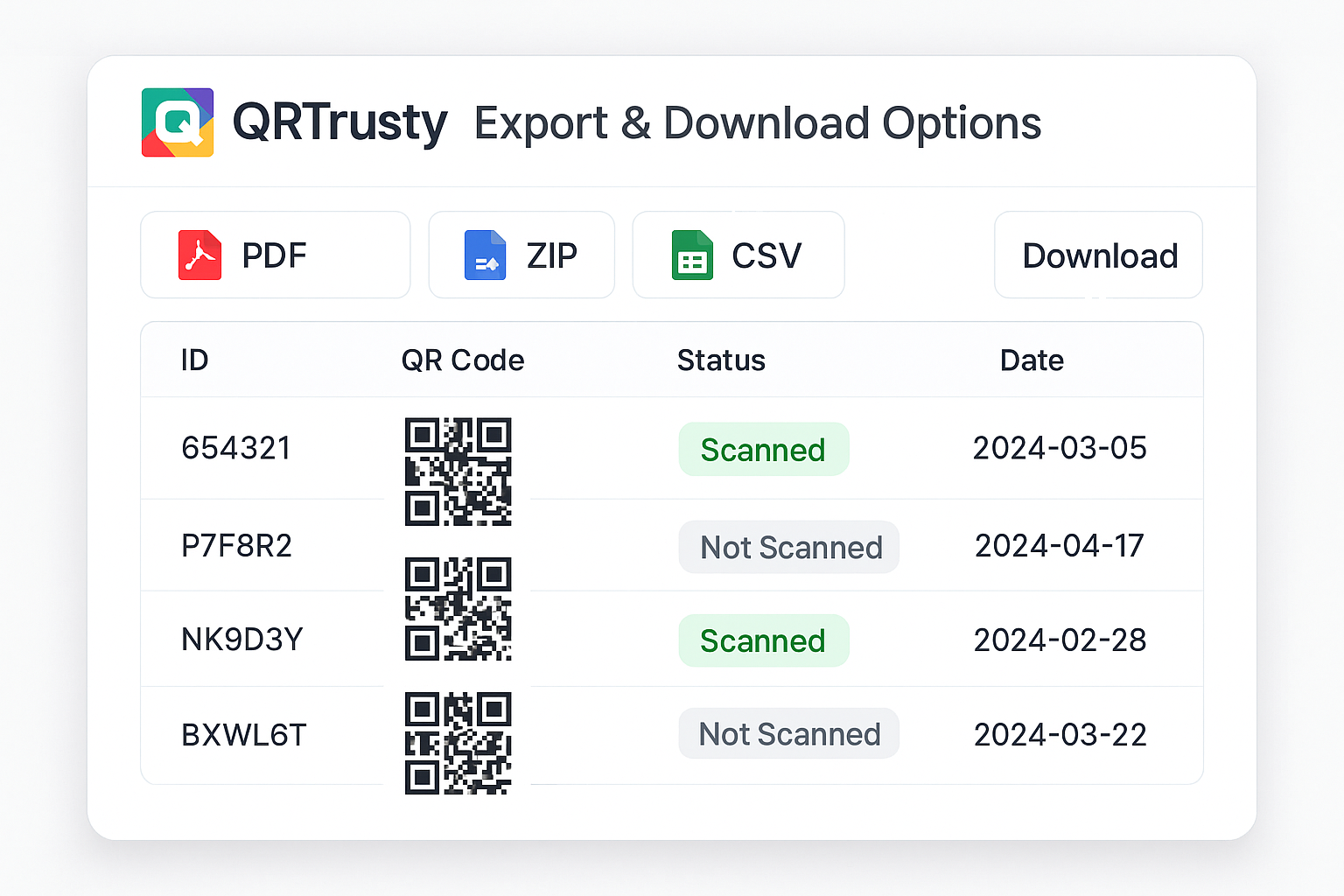 Bulk generation and export options for QR and manual codes