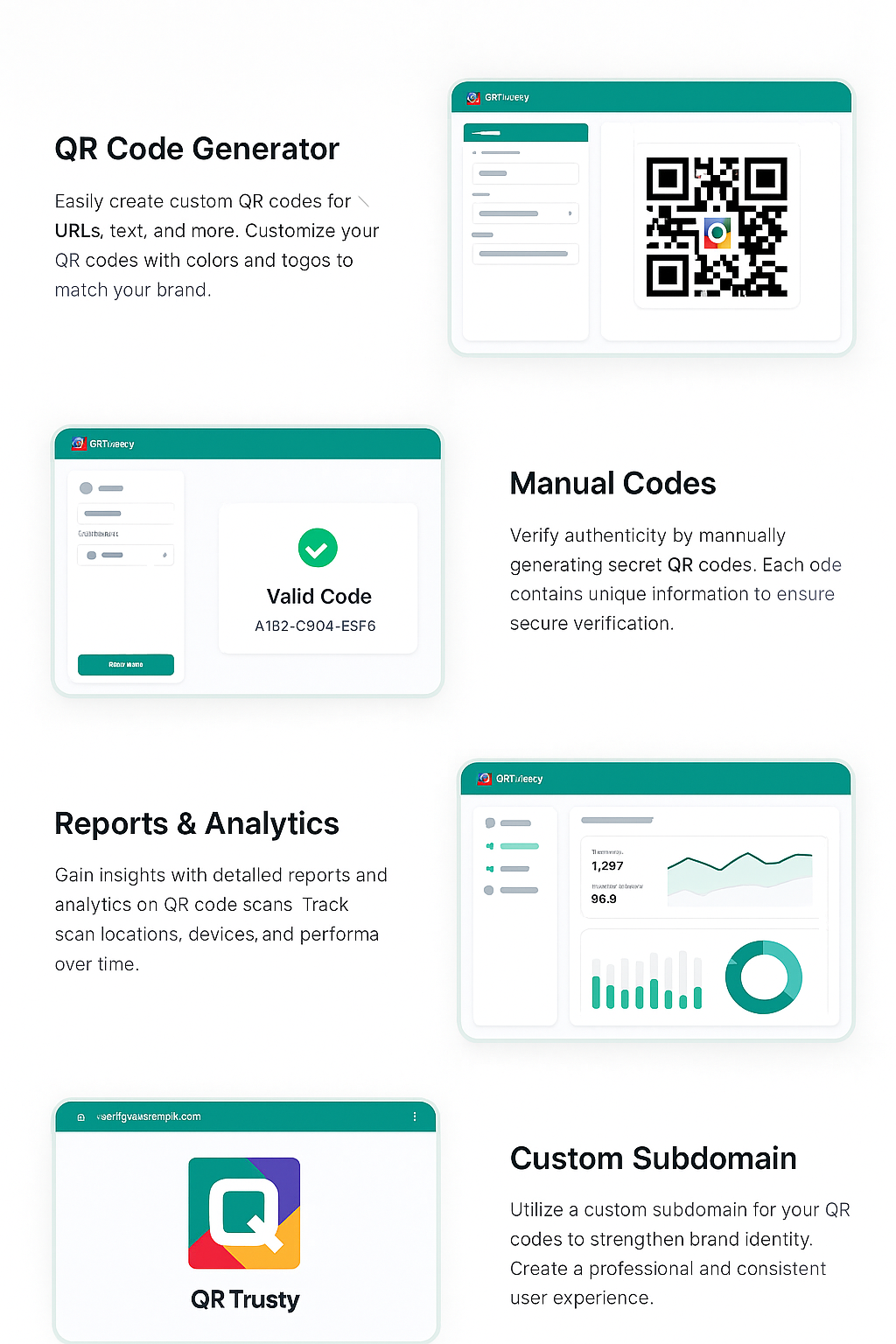 QRTrusty feature overview: QR codes, manual codes, analytics, subdomain