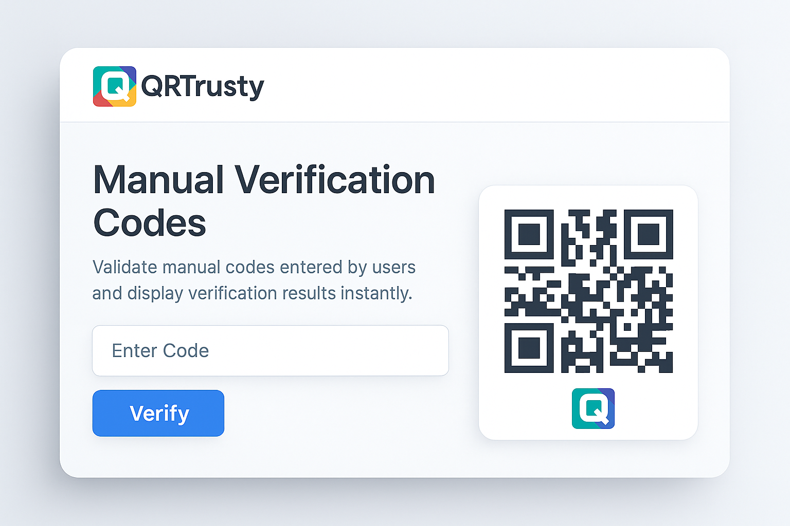 Manual verification codes UI with QR and input field