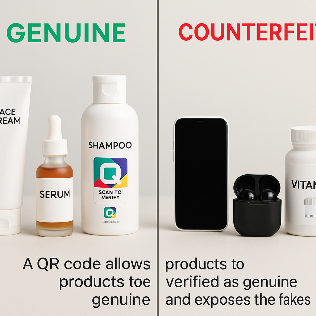 Side-by-side comparison showing genuine products with unique serialized QR codes and counterfeit products that all reuse the same QR code marked as FAKE.